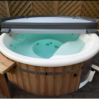 Deluxe Wood Fired Hot Tub In White / Grey | Woodpecker 5 Person Spa