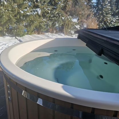 Deluxe Wood Fired Hot Tub In White / Grey | Woodpecker 5 Person Spa