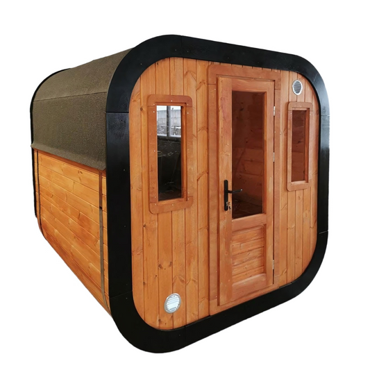 Woodpecker Traditional Outdoor Square Sauna Cabin | Harvia Sauna Heater