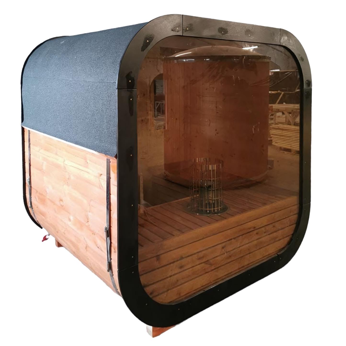 Woodpecker Traditional Panoramic Outdoor Square Sauna Cabin | Harvia Sauna Heater